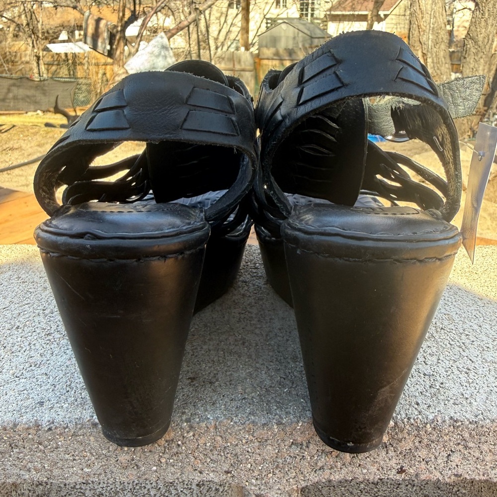 Born Neema Black Leather Strappy Gladiator Wedge Sandals - Picture 8 of 9